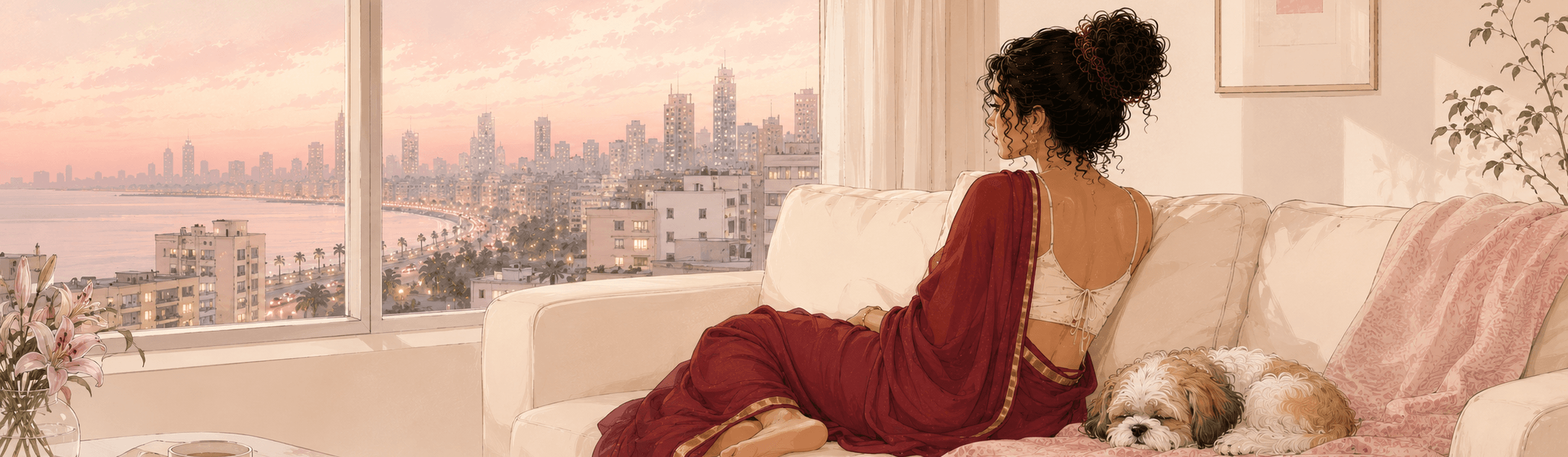 When Home Becomes Your Favourite Place In Mumbai Woman in a crimson saree relaxing at home with her dog while looking out at the Mumbai skyline from her apartment window.