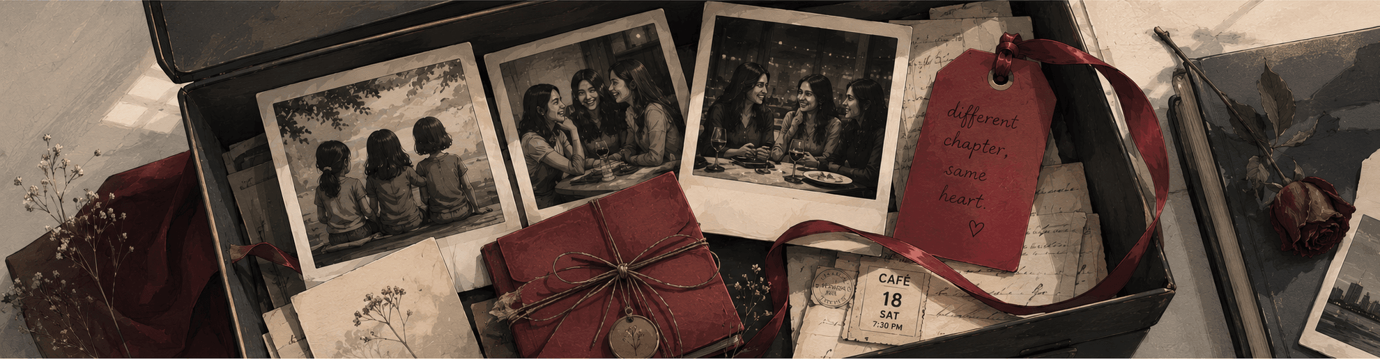 The Friends Who Knew Us Before Life Happened Illustrated memory box filled with photographs, letters, and keepsakes from different stages of friendship, showing childhood friends and adult friendships in a moody ivory, charcoal, and crimson palette.