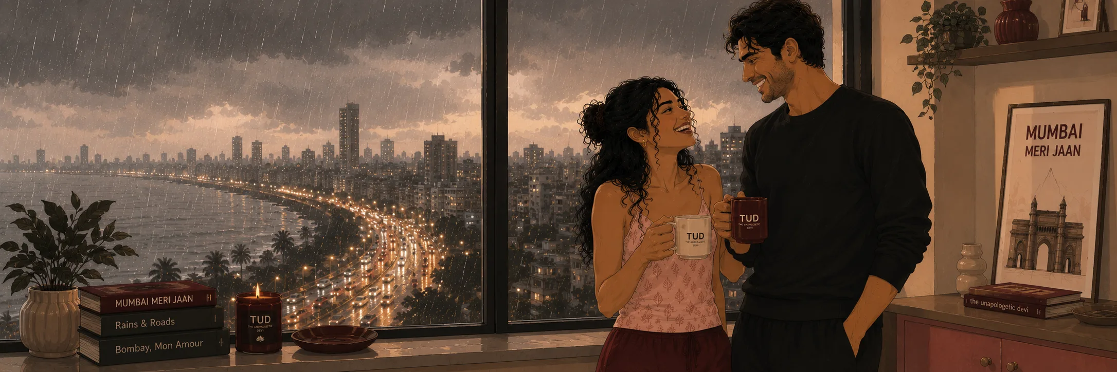 Mumbai's Long-Distance Marriage With The Monsoon Editorial illustration of a woman and a man sharing coffee by a window overlooking rainy Mumbai, laughing together as the monsoon pours outside.